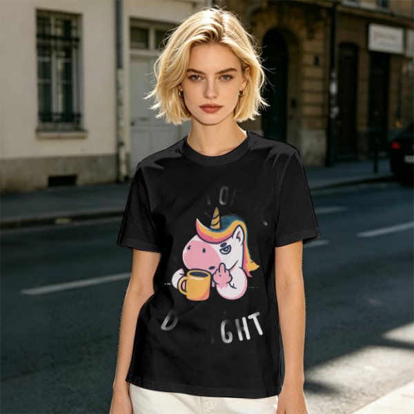 Oversized Olive T-Shirt With Sassy Unicorn Holding Coffee Print