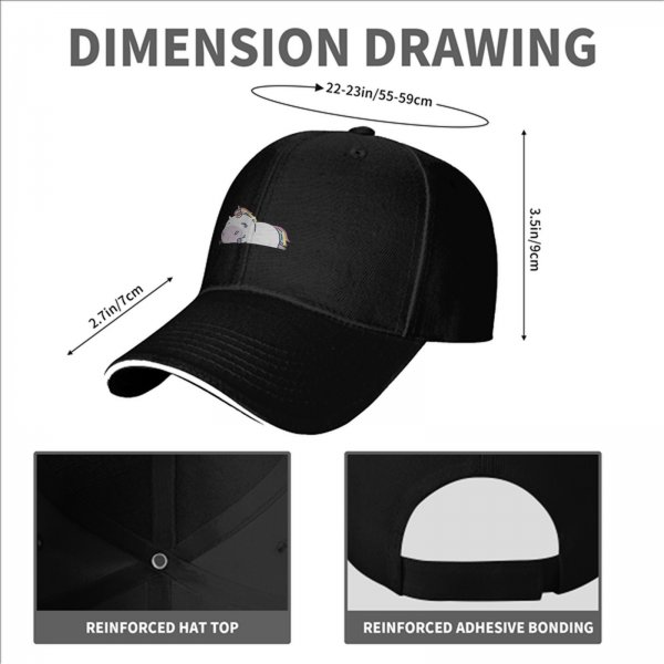 Black Baseball Cap With Chubby Lying Unicorn Rainbow Print