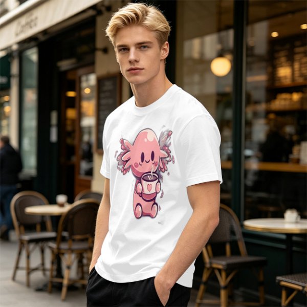 Olive T-Shirt With Cute Axolotl Holding Hot Drink Print