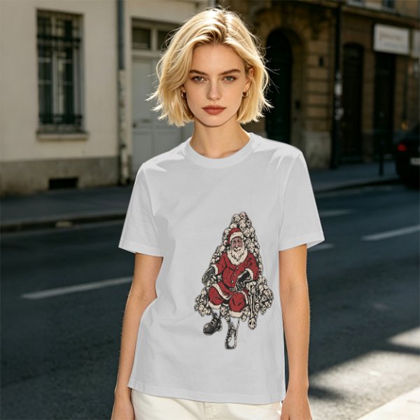 Olive T-shirt with Santa Claus on Skull Throne Graphic