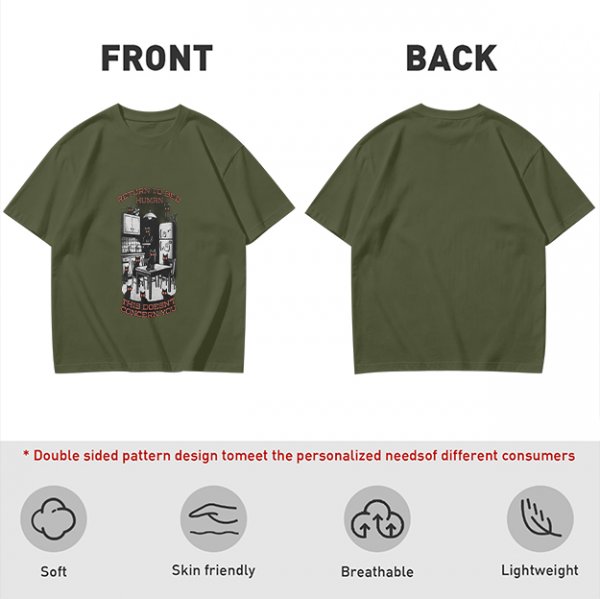 Olive t-shirt with cat kitchen graphic and 'Return to bed human' text