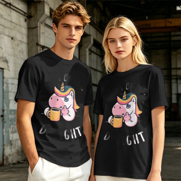 Oversized Olive T-Shirt With Sassy Unicorn Holding Coffee Print