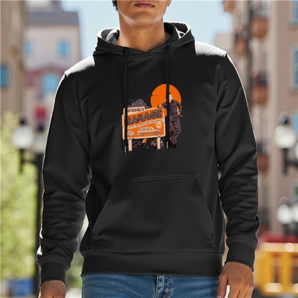 Black Hoodie With Michael's Garage Horror Artwork Print