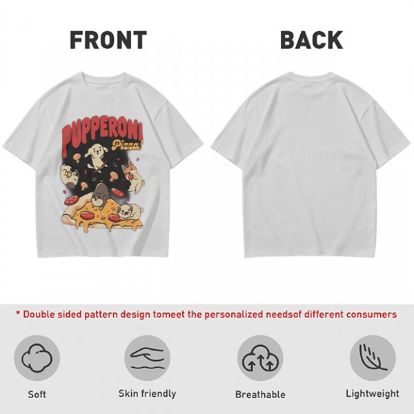 Olive green graphic t-shirt with playful pupperoni pizza dog design