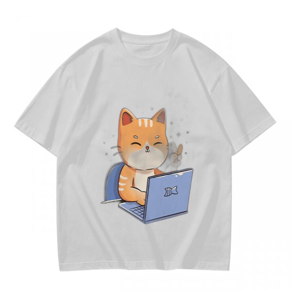 Olive T-Shirt With Cute Orange Cat Working On Laptop Print
