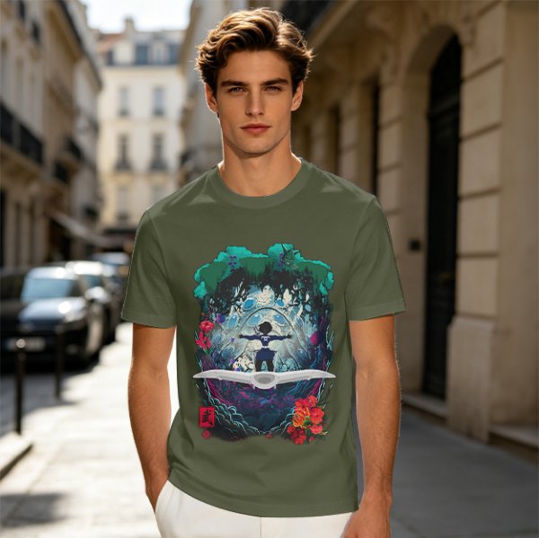 Olive T-shirt with fantasy forest glider rider graphic print