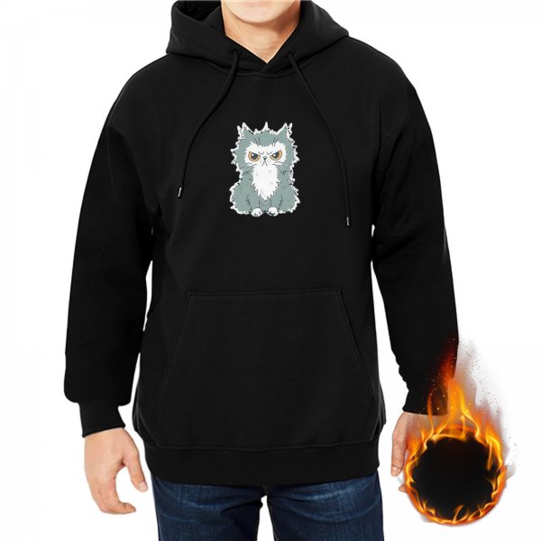 Black Hoodie With Grumpy Fluffy Cat Graphic Print
