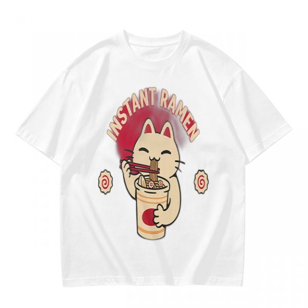 Olive green t-shirt with a cartoon cat eating instant ramen