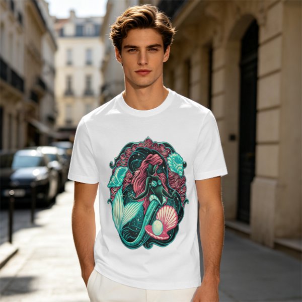 Olive T-Shirt With Mermaid And Seashell Graphic Print