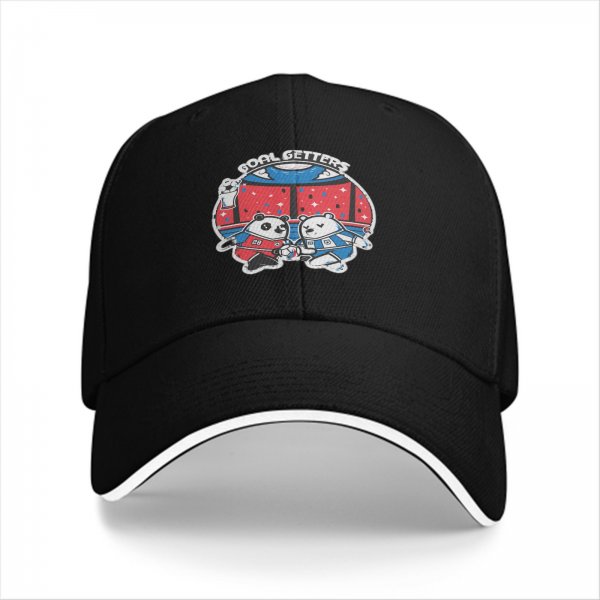 Black baseball cap with soccer panda and bear 'Goal Getters' graphic