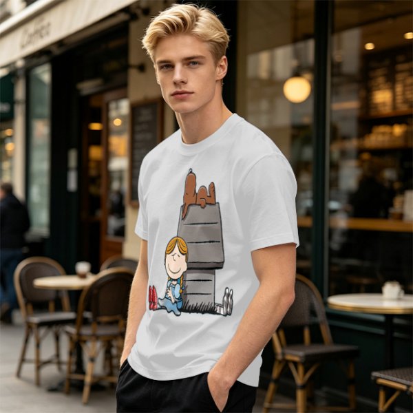 Olive T-Shirt with Peanuts Style Girl and Dog on Doghouse Print