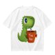 Olive green t-shirt with cute Tea Rex dinosaur holding a steaming tea mug