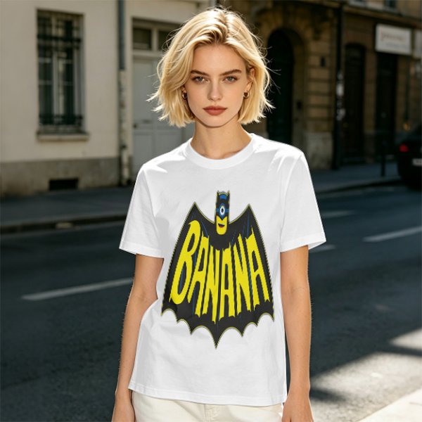 Olive green t-shirt with banana bat logo graphic