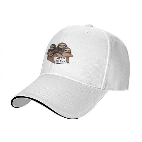 Black baseball cap with three sloths in a box that says adopt a sloth