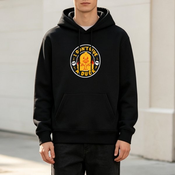 Black hoodie with 'I Don't Give A Duck' graphic and cartoon duck design