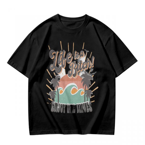 Olive graphic t-shirt with tropical sunset wave and palm tree print