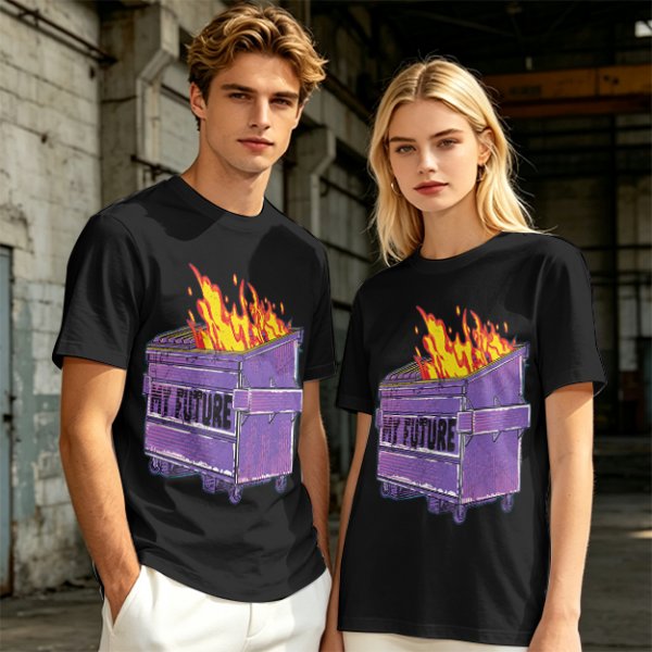 Olive T-Shirt With Burning Dumpster 'My Future' Graphic