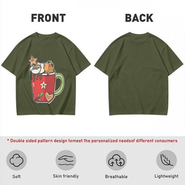 Olive T-Shirt With Cute Capybara In Christmas Hot Cocoa Mug Print