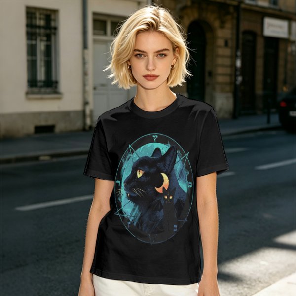 Olive T-Shirt With Black Cat And Crescent Moon Graphic