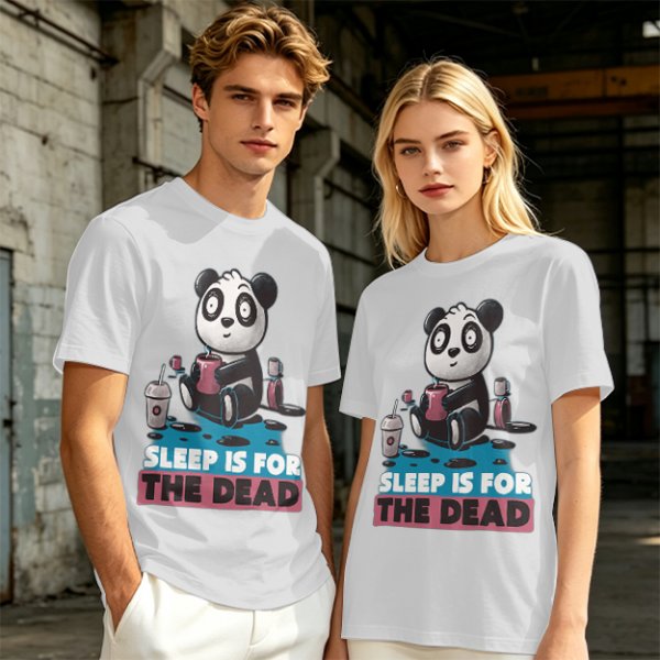 Olive t-shirt with panda drinking coffee and 'Sleep is for the dead' text