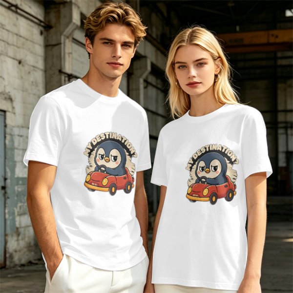 Olive T-Shirt With Cartoon Penguin Driving Car 'My Destination?' Print