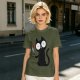 Olive T-shirt with a black cartoon cat holding a bloodied knife