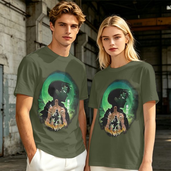 Attack on Titan layered silhouette graphic olive t-shirt