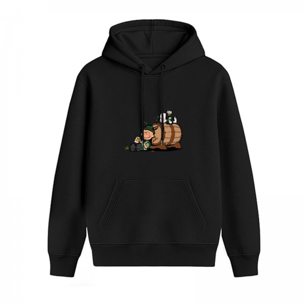 Black hoodie with cartoon of a man in traditional attire leaning on a beer barrel