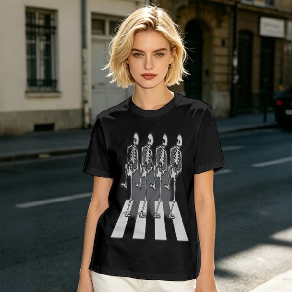 Olive T-Shirt With Skeletons Crossing Abbey Road Style Crosswalk Print