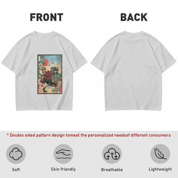 Olive T-shirt with ukiyo-e style fantasy creature graphic print