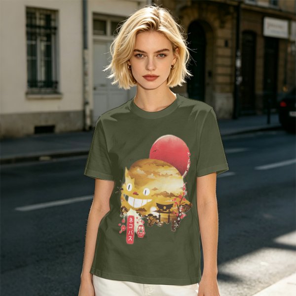 Olive t-shirt with Japanese cat bus and sun graphic