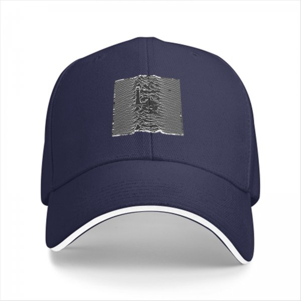Black baseball cap with iconic Unknown Pleasures graphic print