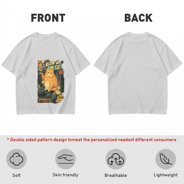 Olive t-shirt with vintage comic style 'I Blew Up The Cat!' print