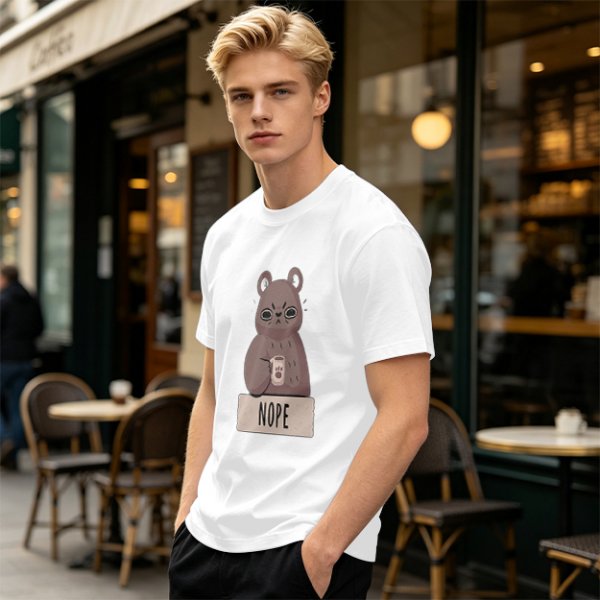 Olive T-Shirt With Grumpy Bear Holding Coffee Mug And 'NOPE' Print