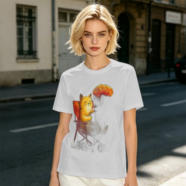 Olive T-Shirt Featuring a Relaxed Cat on a Chair with Fried Chicken Print