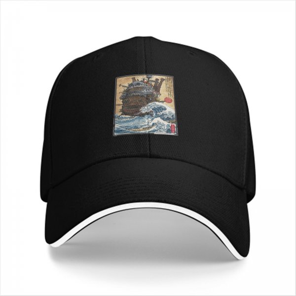 Black Baseball Cap with Japanese Wave and Ship Art Print