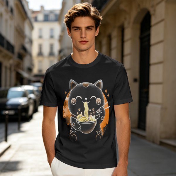 Olive T-Shirt Featuring Black Maneki-neko Cat Eating Ramen