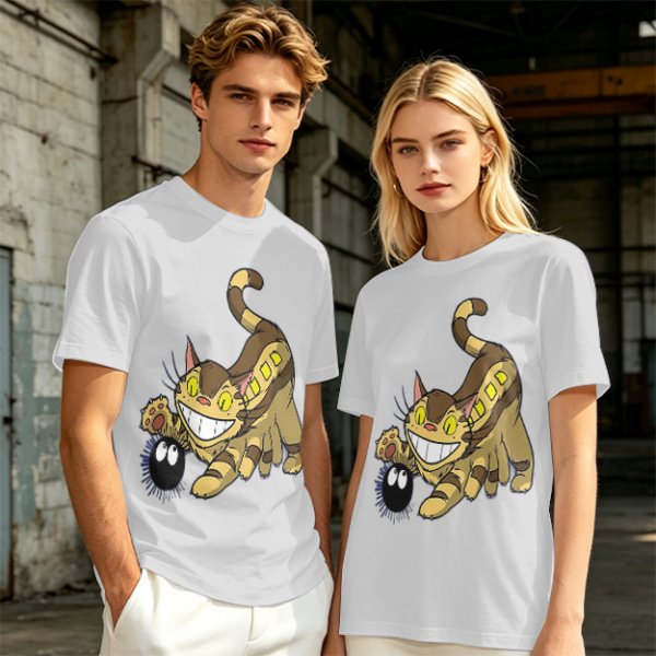 Olive T-shirt with Catbus and Soot Sprite Anime Print