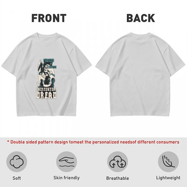 Olive graphic t-shirt with 'Fueled by Coffee & Existential Dread' grim reaper print