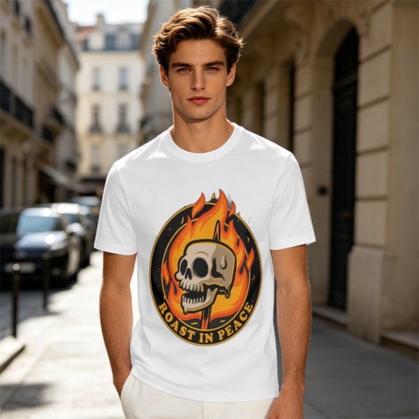 Olive T-Shirt With Roast In Peace Flaming Skull Graphic