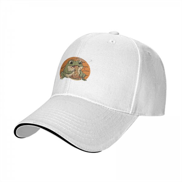 Black baseball cap with a cute frog eating spaghetti graphic