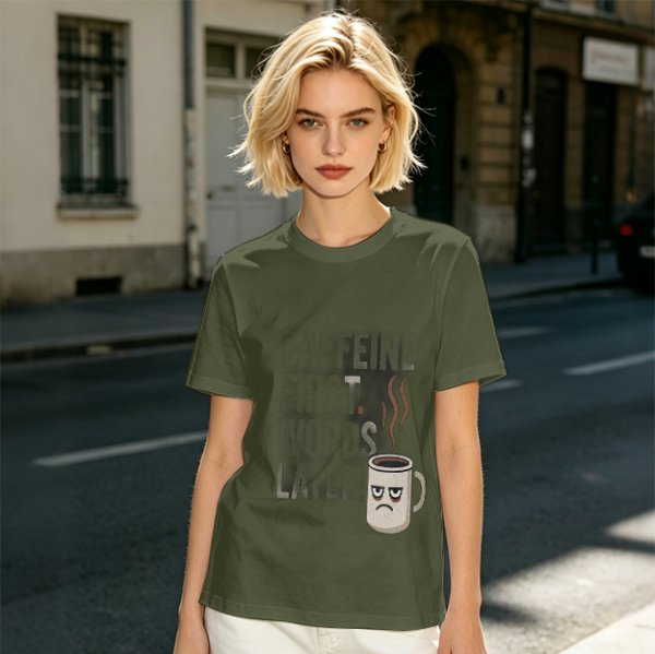 Olive t-shirt with 'Caffeine First Words Later' grumpy coffee mug print