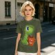 Olive green t-shirt with cute Tea Rex dinosaur holding a steaming tea mug