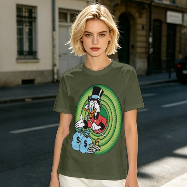Olive T-Shirt Featuring Scrooge McDuck with Money Bags and Coins