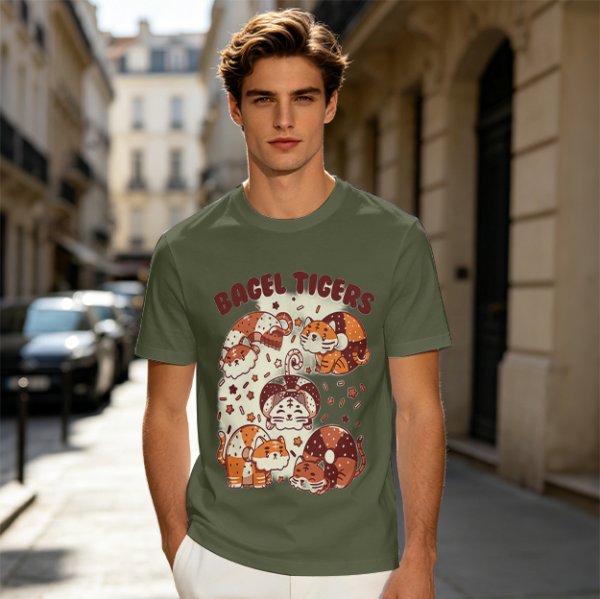 Olive Green T-Shirt With Cute Bagel Tigers Graphic Print