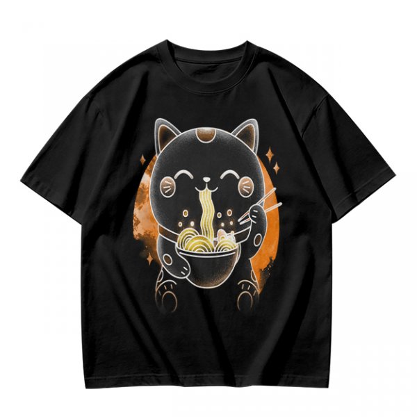 Olive T-Shirt Featuring Black Maneki-neko Cat Eating Ramen