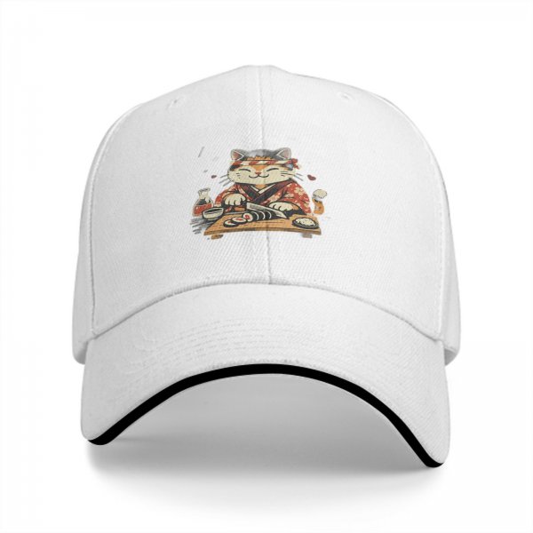 Black Baseball Cap With Cute Sushi Chef Cat Graphic