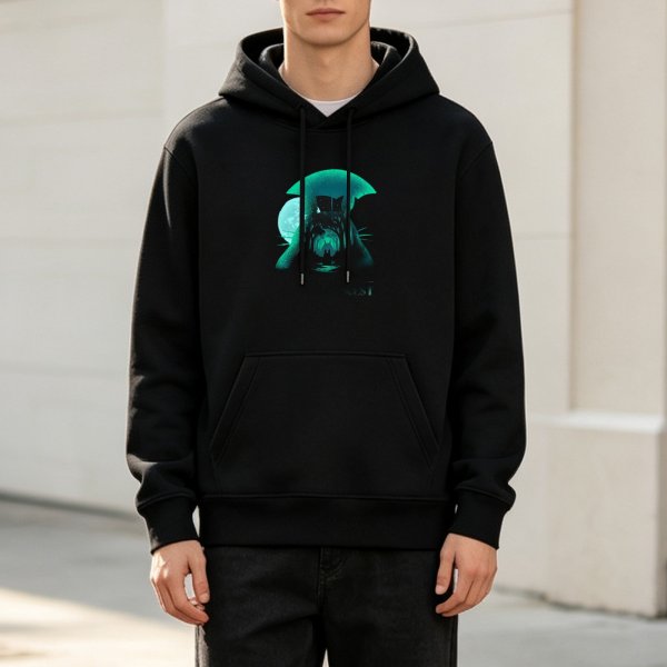 Black hoodie with glowing cat and umbrella graphic design