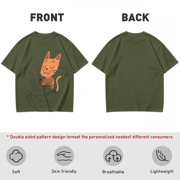 Olive T-Shirt with Cartoon Cat at Grave Print