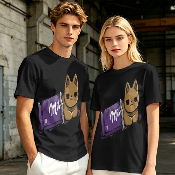 Olive T-shirt with a cartoon cat emerging from a purple chocolate wrapper print